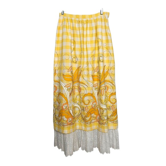 Vtg MISS SHAHEEN Butter Yellow Maxi Skirt Womens 14 Hippie 70s Boho Retro Floral - Picture 1 of 9